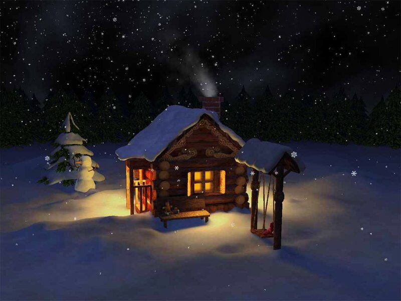 Log Cabin in Snow — White, Serene, Night, 3d Render, Snowman