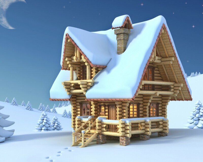 Log Cabin in Snow — White, Serene, Night, 3d Render, Trees