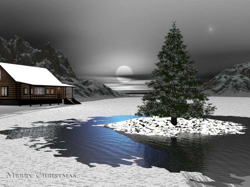 Log Cabin in Snow — White, Serene, Night, Digital Art