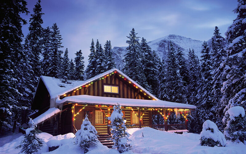 Log Cabin in Snow — White, Serene, Night, Photograph, Snow-covered Trees
