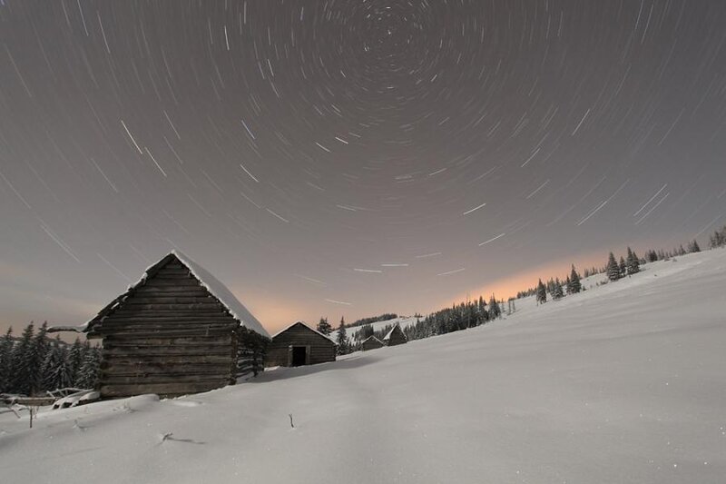 Log Cabin in Snow — White, Serene, Night, Photograph