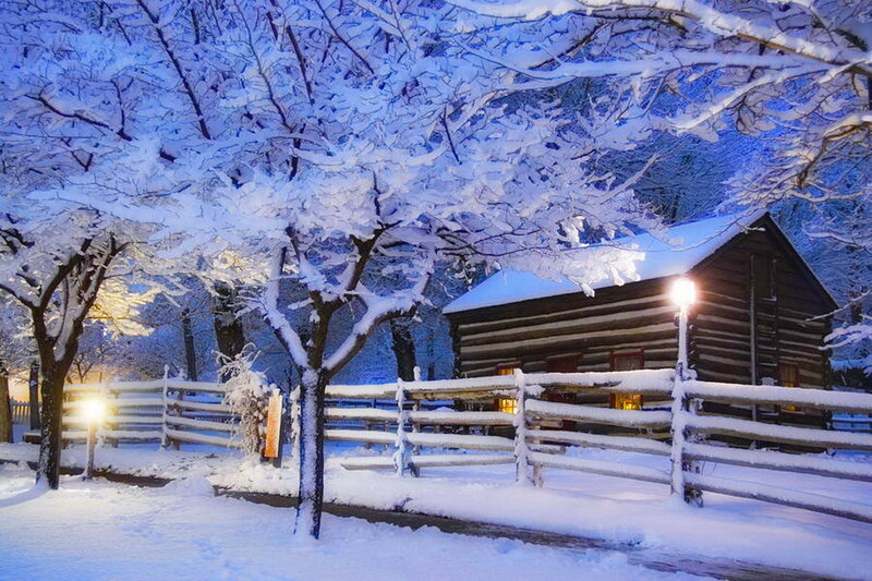 Log Cabin in Snow — White, Serene, Night, Photograph, Trees, Fence