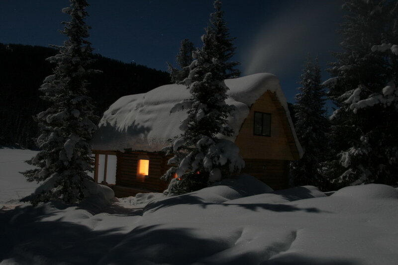 Log Cabin in Snow — White, Serene, Night, Photograph, Trees