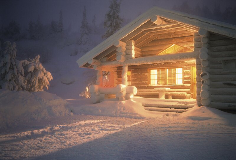 Log Cabin in Snow — White, Serene, Night, Photograph, Trees, Window