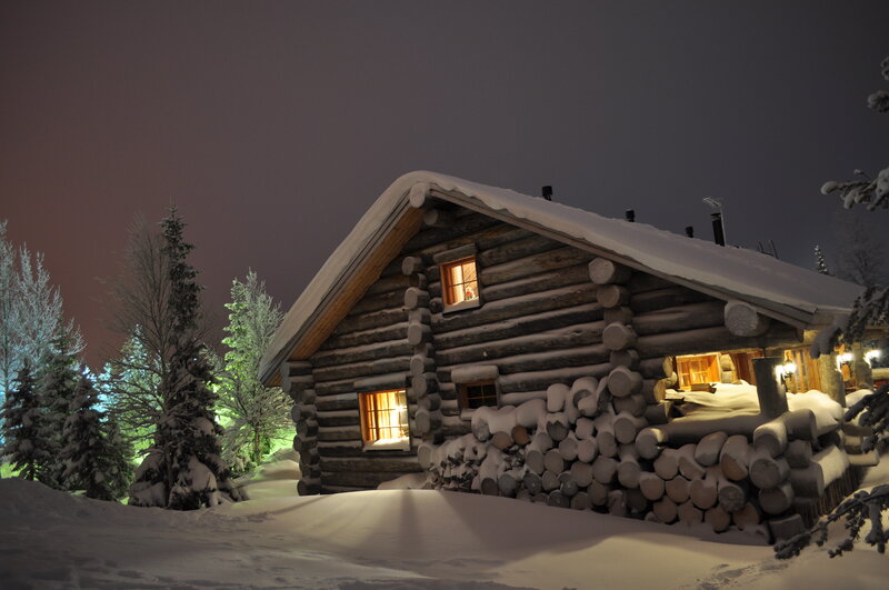 Log Cabin in Snow — White, Serene, Night, Photograph, Trees, Windows