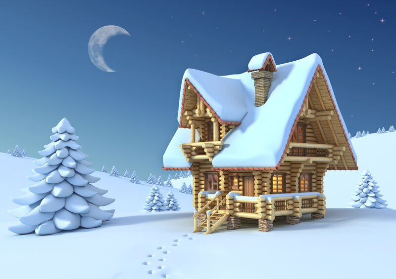 Log Cabin in Snow — White, Serene, Night