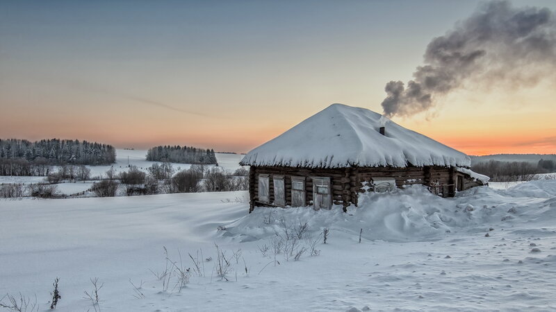 Log Cabin in Snow — White, Serene, Sunset