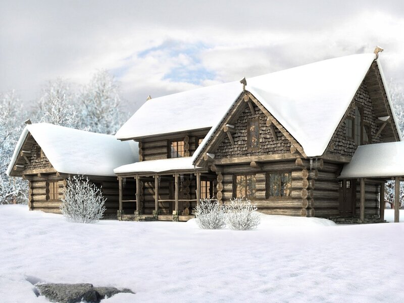 Log Cabin in Snow — White, Serene