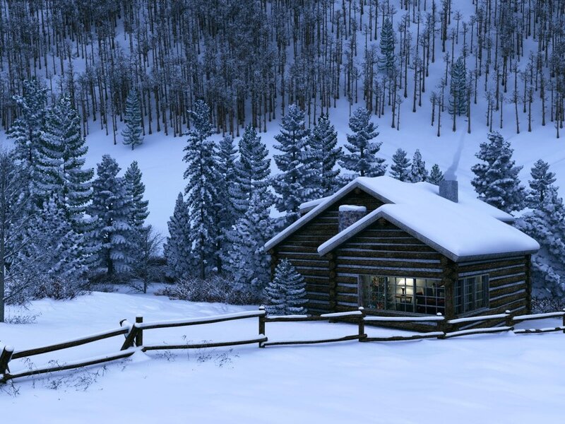 Log Cabin in Snow — White, Serene, Winter, 3d Render, Forest