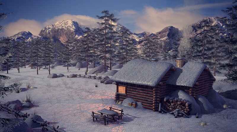 Log Cabin in Snow — White, Serene, Winter, 3d Render, Mountains