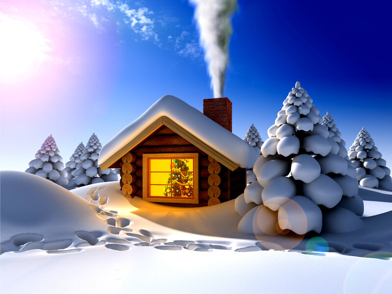 Log Cabin in Snow — White, Serene, Winter, 3d Render