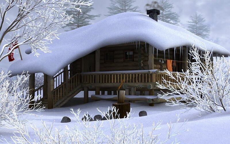 Log Cabin in Snow — White, Serene, Winter, 3d Render, Trees