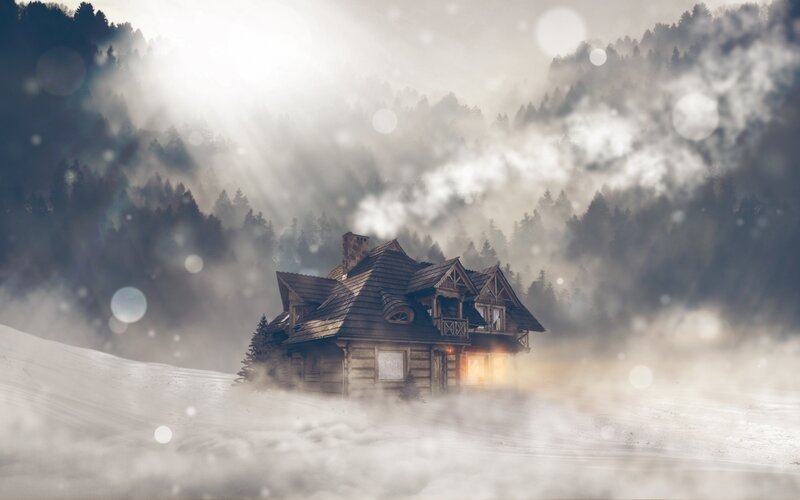 Log Cabin in Snow — White, Serene, Winter, Digital Art, Forest