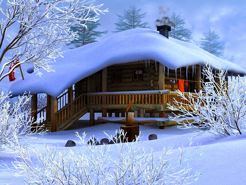 Log Cabin in Snow — White, Serene, Winter, Digital Art