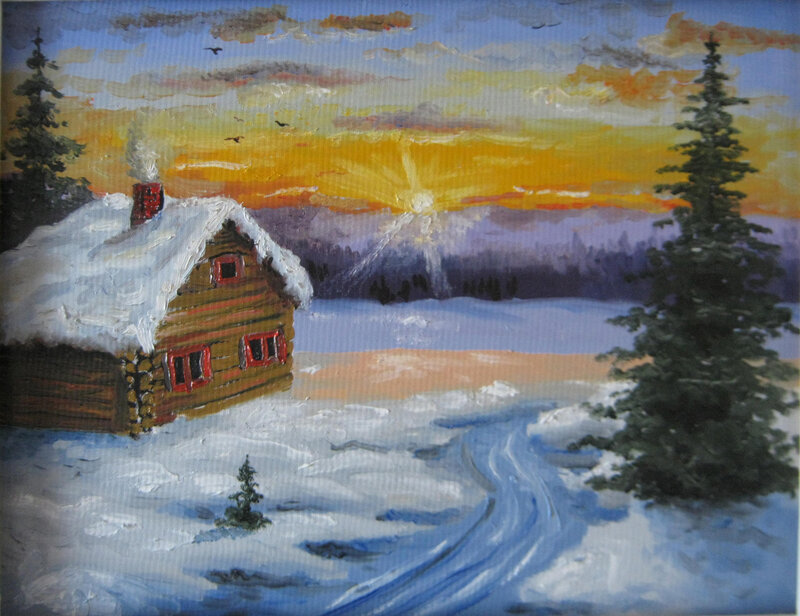 Log Cabin in Snow — White, Serene, Winter, Painting