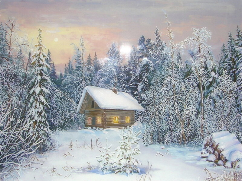Log Cabin in Snow — White, Serene, Winter, Painting, Trees