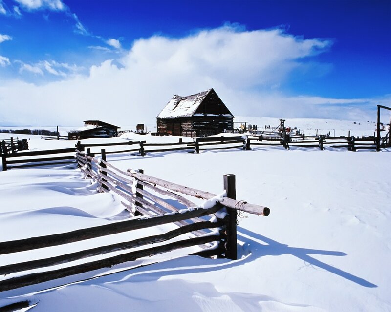 Log Cabin in Snow — White, Serene, Winter, Photograph, Fence, Sky