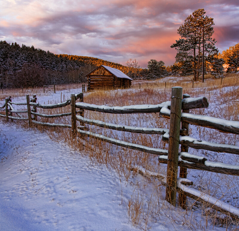 Log Cabin in Snow — White, Serene, Winter, Photograph, Fence