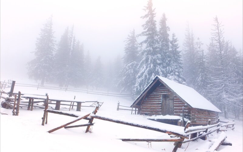 Log Cabin in Snow — White, Serene, Winter, Photograph, Fence, Trees