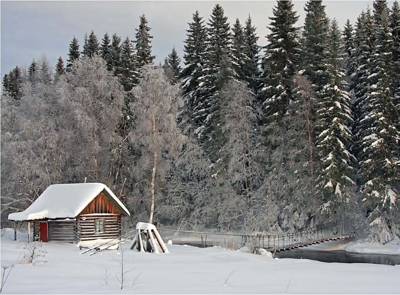 Log Cabin in Snow — White, Serene, Winter, Photograph, Forest