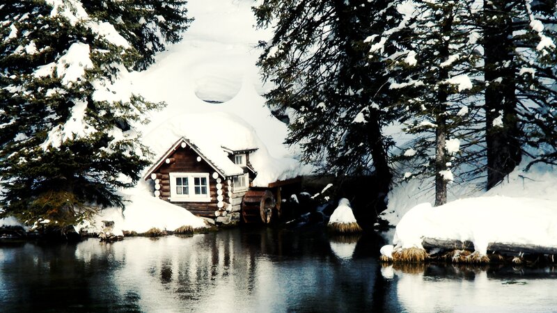 Log Cabin in Snow — White, Serene, Winter, Photograph, River