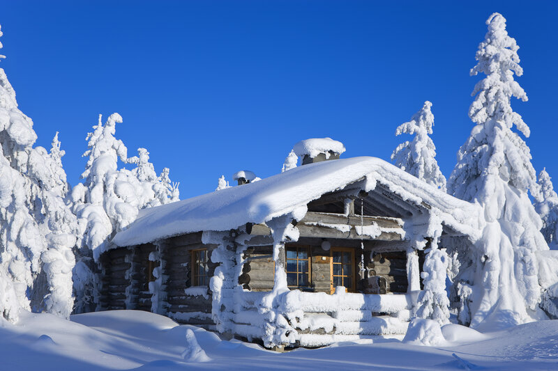 Log Cabin in Snow — White, Serene, Winter, Photograph, Snow-covered Trees, Blue Sky