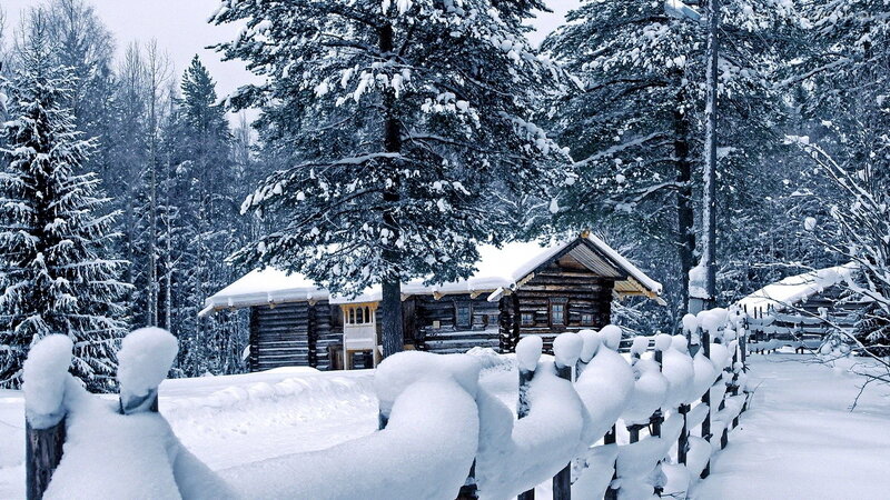 Log Cabin in Snow — White, Serene, Winter, Photograph, Snow-covered Trees, Fence, Forest