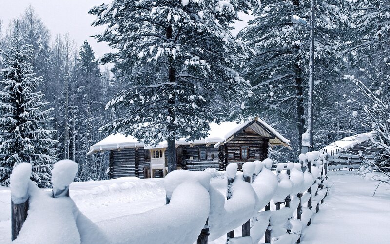 Log Cabin in Snow — White, Serene, Winter, Photograph, Snow-covered Trees, Fence, Forest, Wooden House, Brown, Green