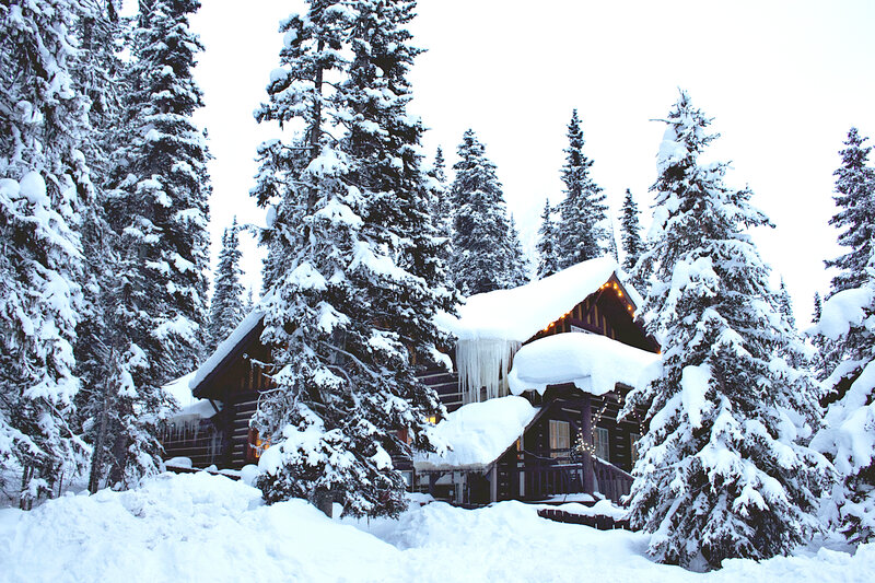 Log Cabin in Snow — White, Serene, Winter, Photograph, Snow-covered Trees, Icicles, Lights