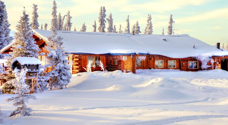 Log Cabin in Snow — White, Serene, Winter, Photograph, Snow-covered Trees, Icicles