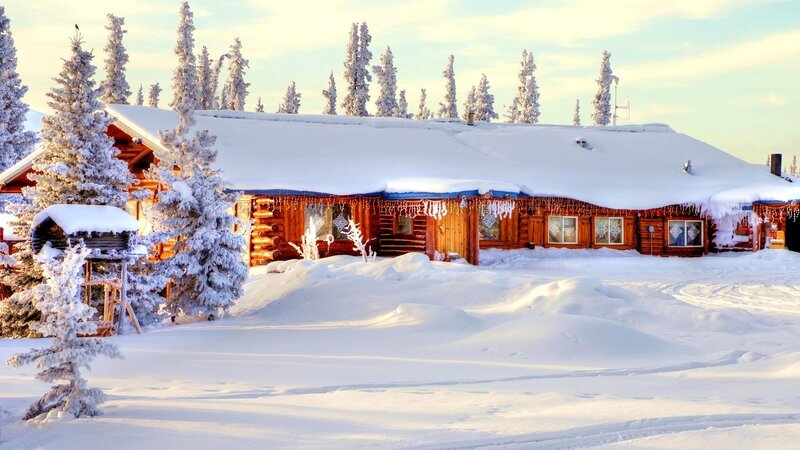 Log Cabin in Snow — White, Serene, Winter, Photograph, Snow-covered Trees, Icicles, Windows