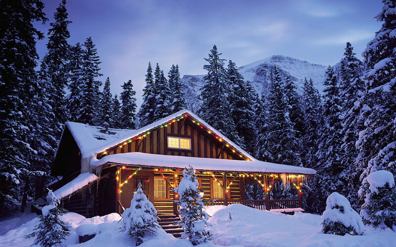 Log Cabin in Snow — White, Serene, Winter, Photograph, Snow-covered Trees, Mountain, Lights