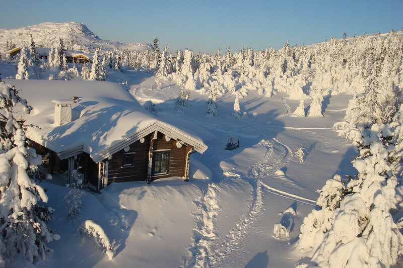 Log Cabin in Snow — White, Serene, Winter, Photograph, Snow-covered Trees, Mountain