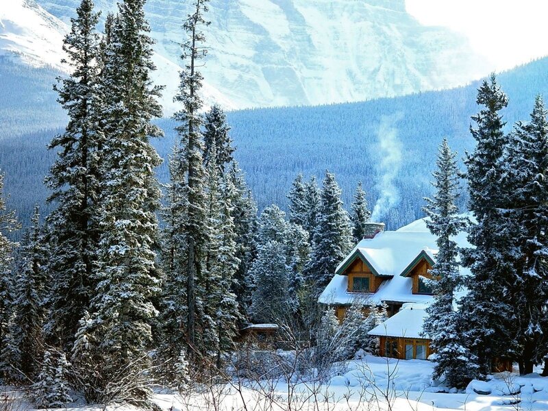 Log Cabin in Snow — White, Serene, Winter, Photograph, Snow-covered Trees, Mountains, Smoke
