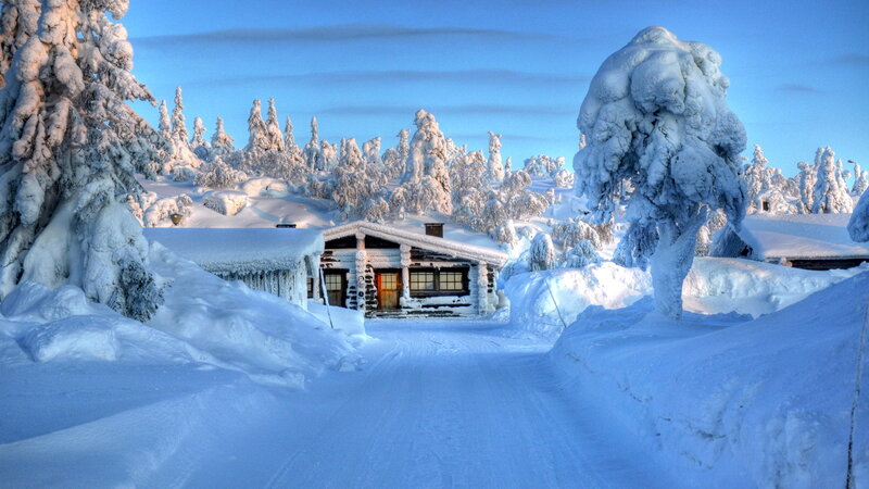 Log Cabin in Snow — White, Serene, Winter, Photograph, Snow-covered Trees, Path, Sky