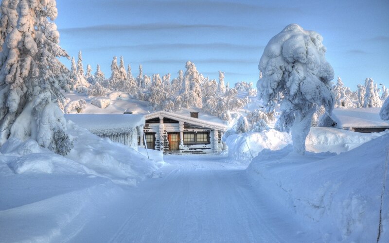 Log Cabin in Snow — White, Serene, Winter, Photograph, Snow-covered Trees, Wooden House, Snowdrifts