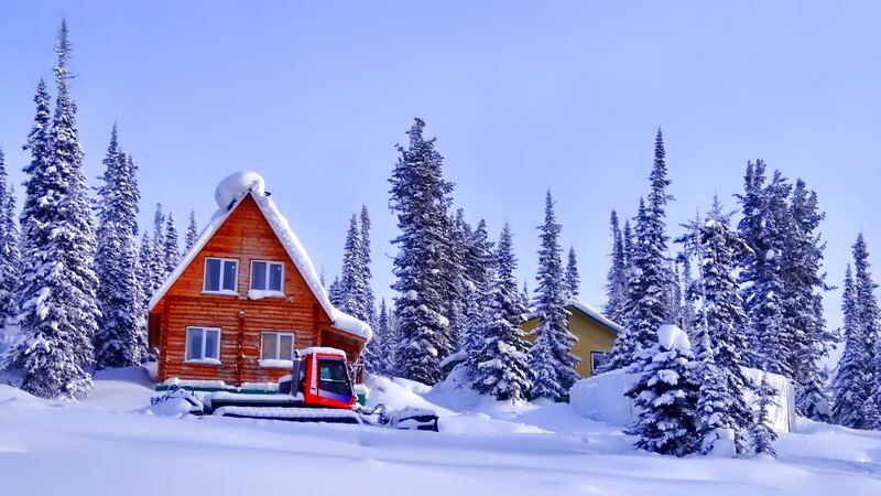 Log Cabin in Snow — White, Serene, Winter, Photograph, Snowplow
