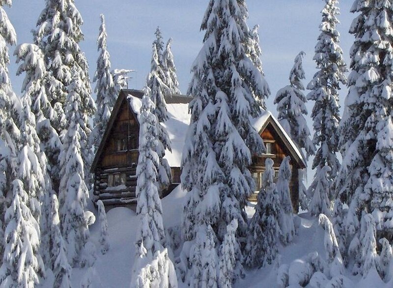 Log Cabin in Snow — White, Serene, Winter, Photograph