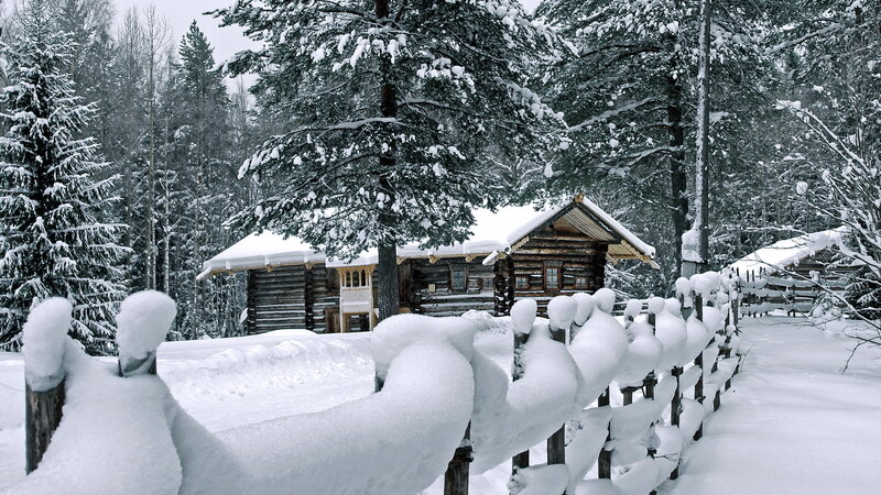 Log Cabin in Snow — White, Serene, Winter, Photograph, Trees, Fence