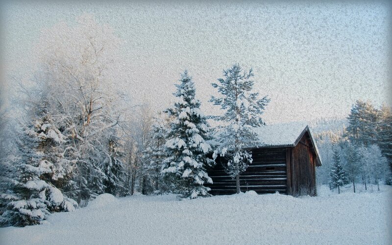 Log Cabin in Snow — White, Serene, Winter, Photograph, Trees, Forest, Sky
