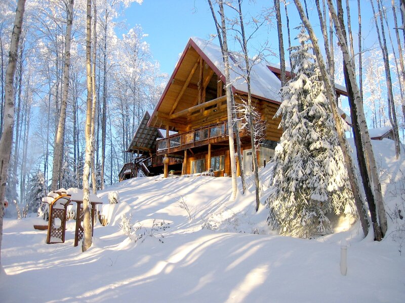 Log Cabin in Snow — White, Serene, Winter, Photograph, Trees, Forest