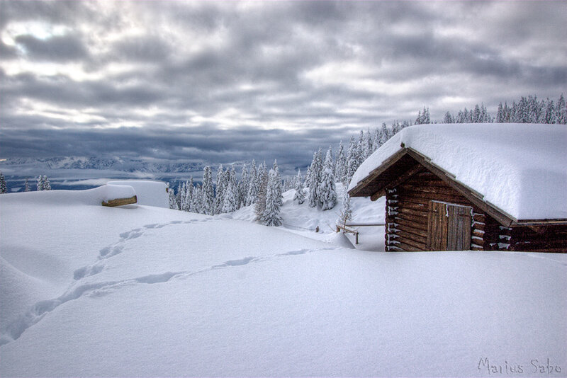 Log Cabin in Snow — White, Serene, Winter, Photograph, Trees, Mountains, Brown