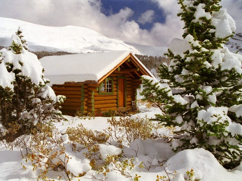 Log Cabin in Snow — White, Serene, Winter, Photograph, Trees, Mountains, Green