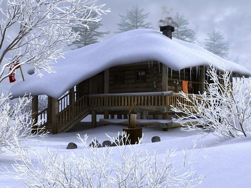 Log Cabin in Snow — White