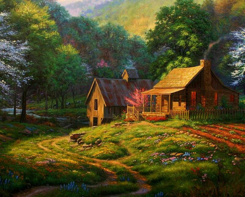 Log Cabin in Valley — Green, Serene