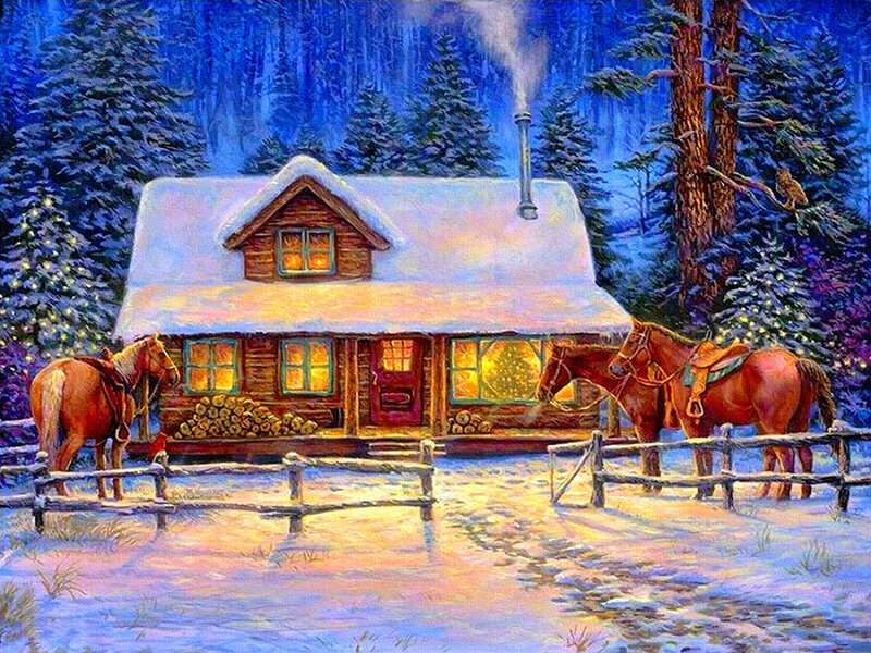 Log Cabin in Winter — Blue, Cozy