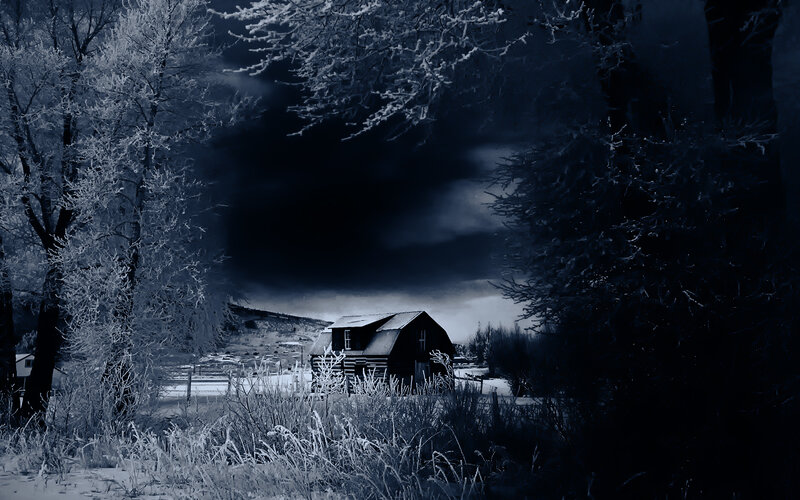 Log Cabin in Winter — Blue, Dramatic, Photograph