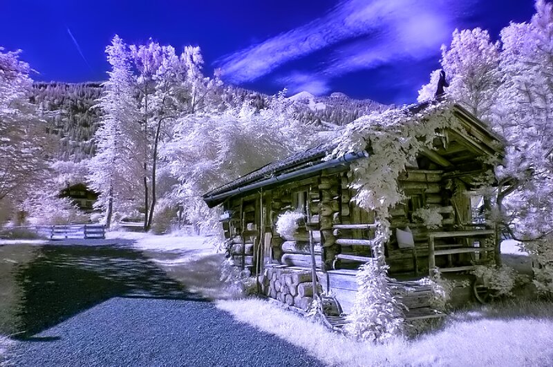 Log Cabin in Winter — Blue, Dramatic