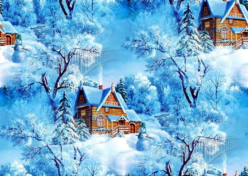 Log Cabin in Winter — Blue, Peaceful, Digital Art