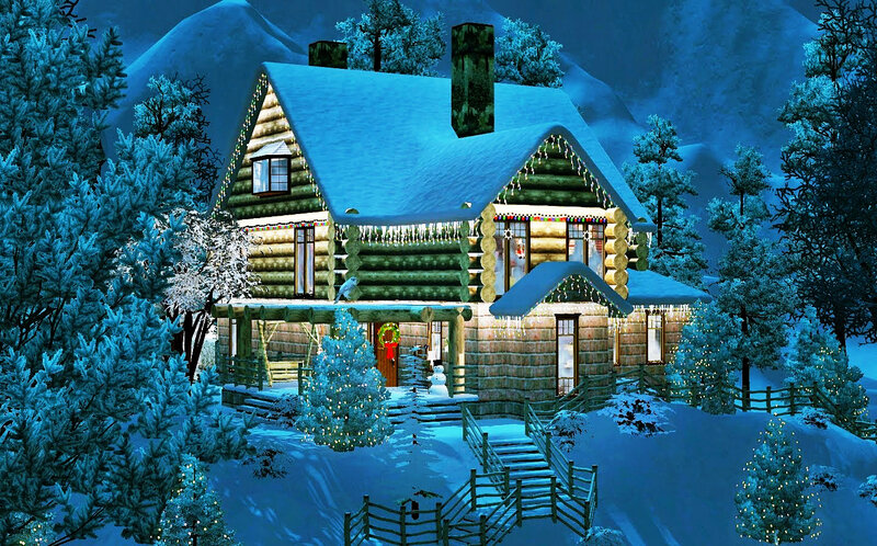 Log Cabin in Winter — Blue, Peaceful, Night, 3d Render